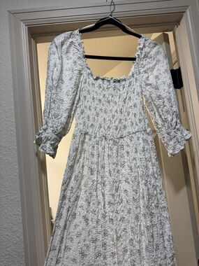 H&M White Smocked Puff-Sleeve Midi Dress